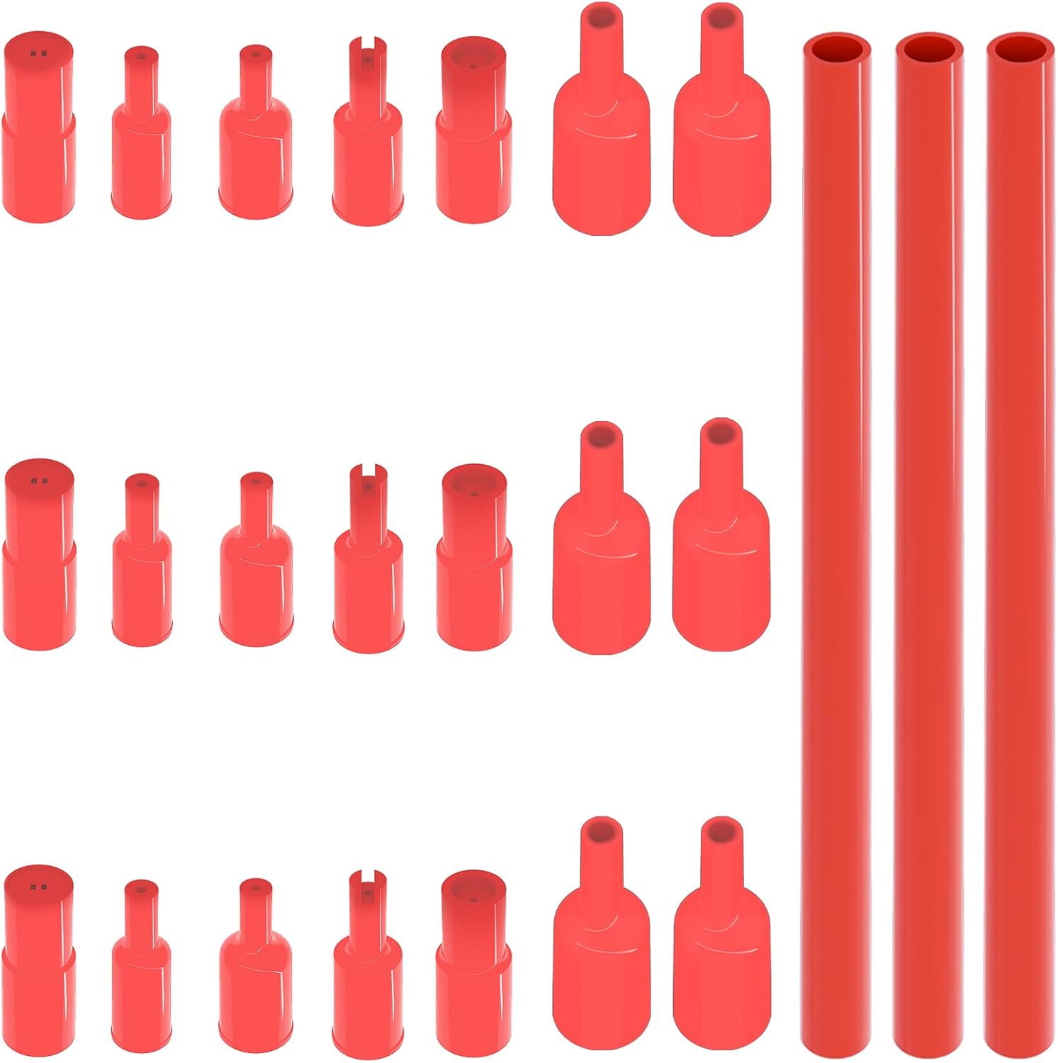 CLVJQ Universal Butane Refill Adapter Set front view showing three red plastic packs with six interchangeable nozzle tips