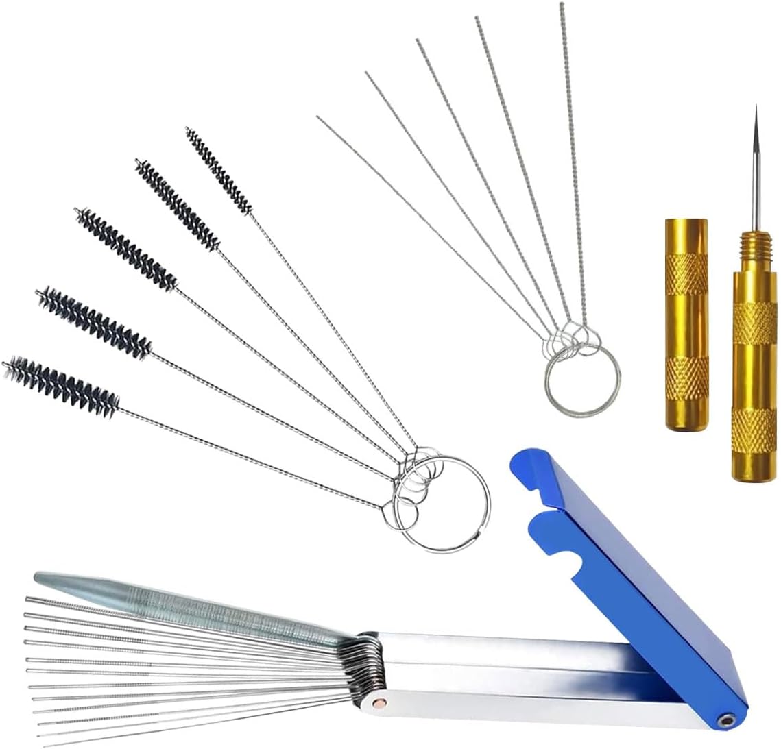 ZIMISI Carburetor Cleaning Kit front view featuring organized stainless steel wires and nylon brushes for engine maintenance.