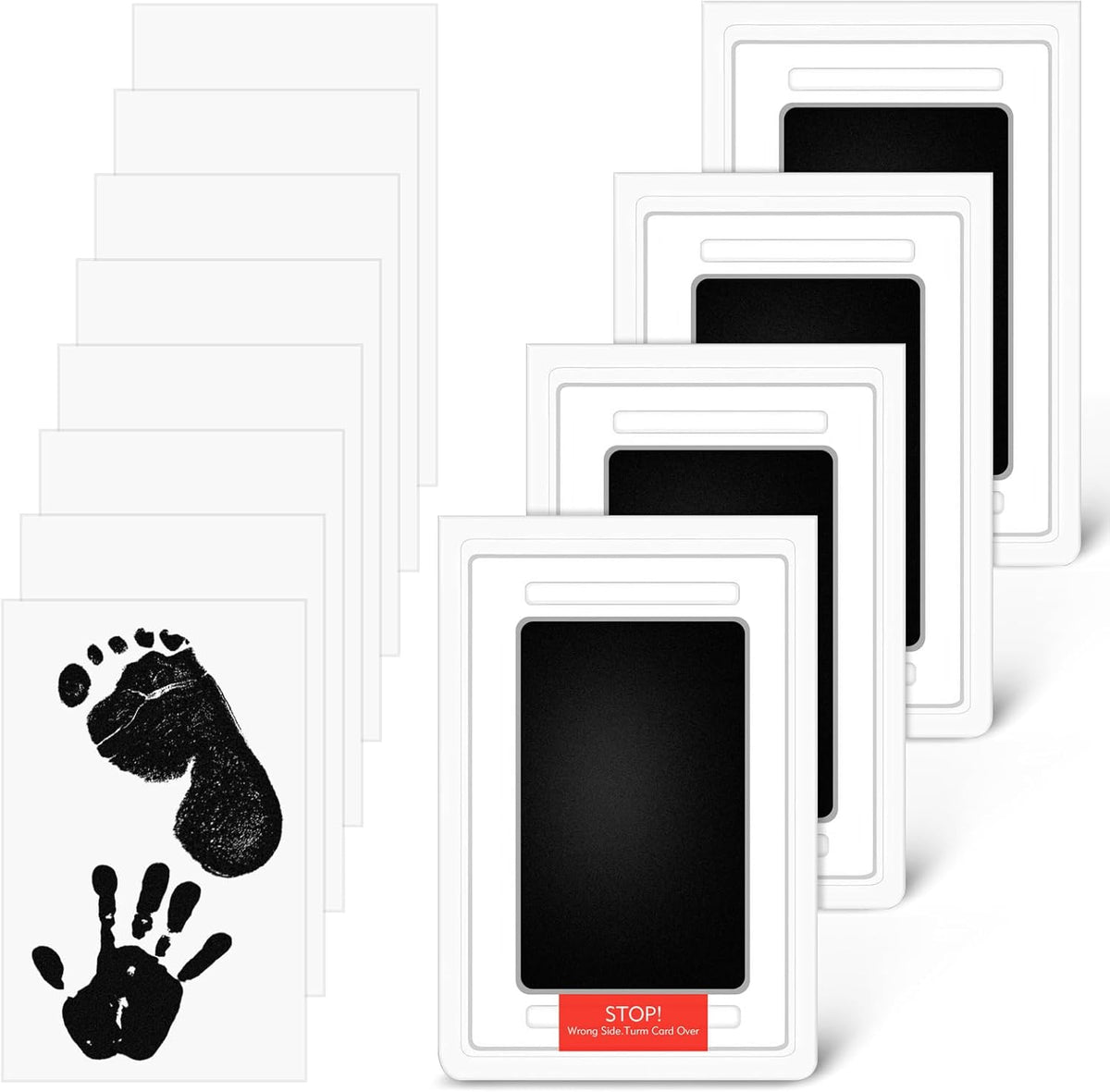 Lorzot baby footprint kit front view featuring four inkless hand and footprint pads with eight imprint cards.