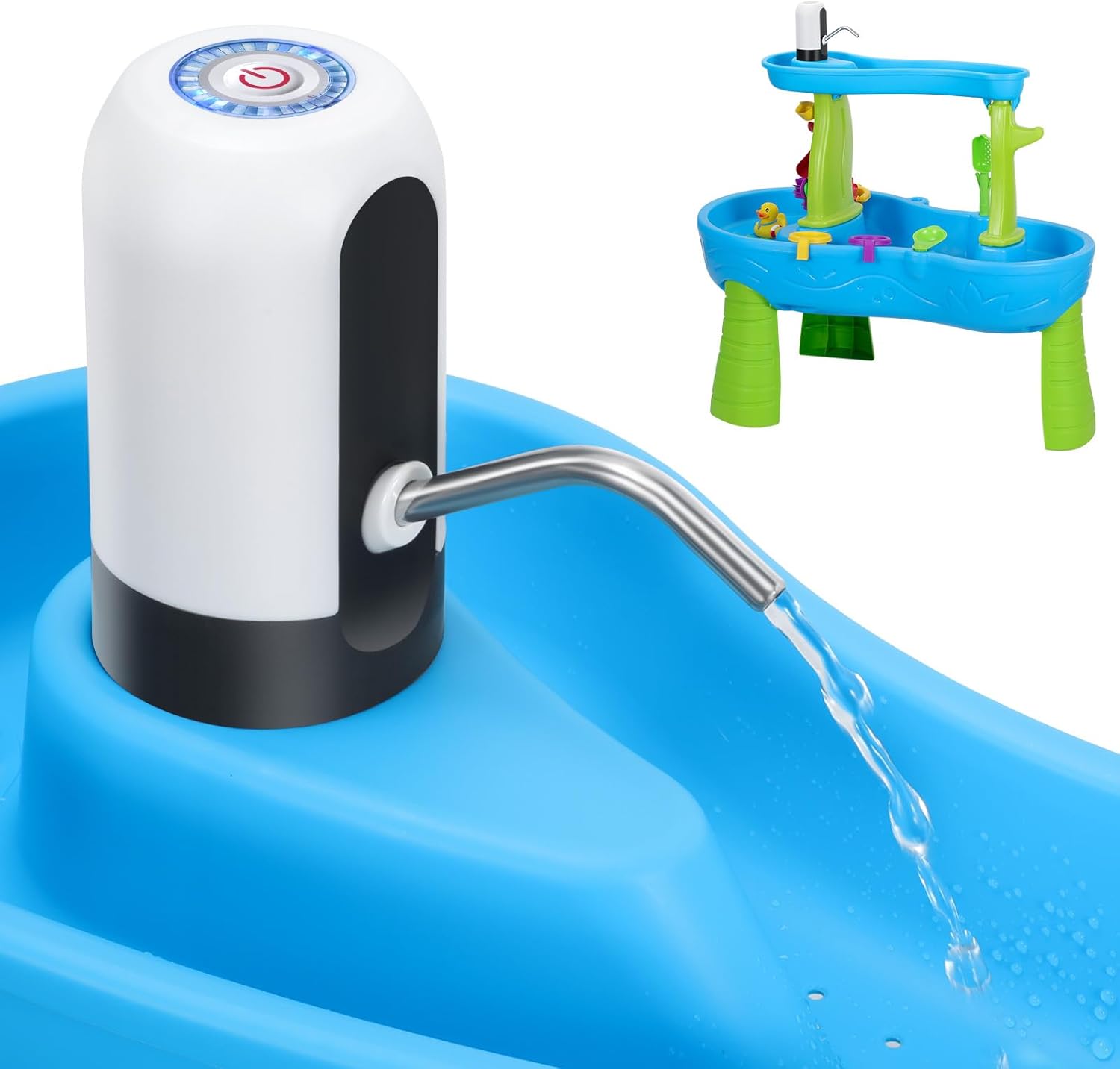 Infowush water table pump front view showing white body and stainless steel spout