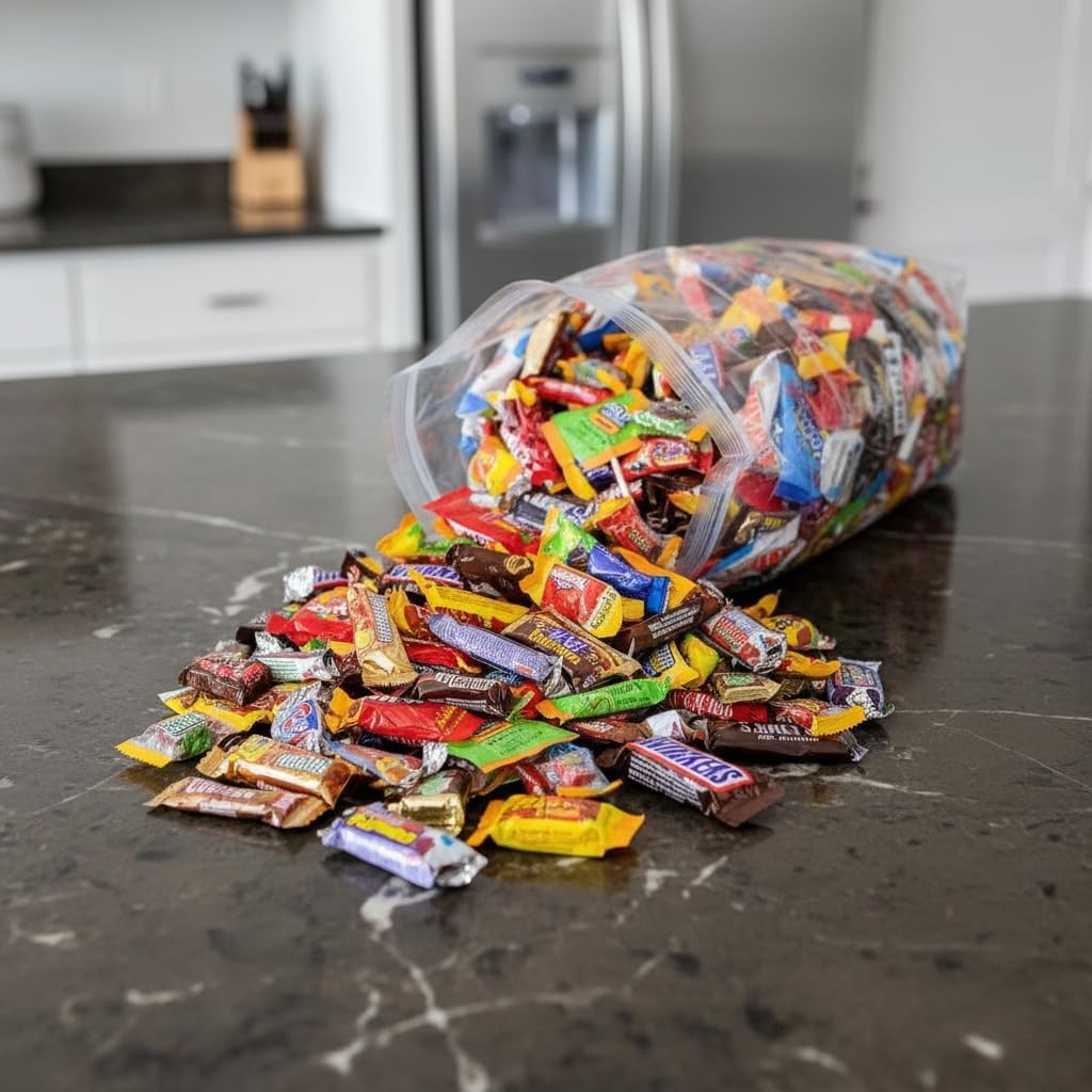 Close-up view of the various wrapped chocolate bars and chewy treats included in the bulk party assortment.