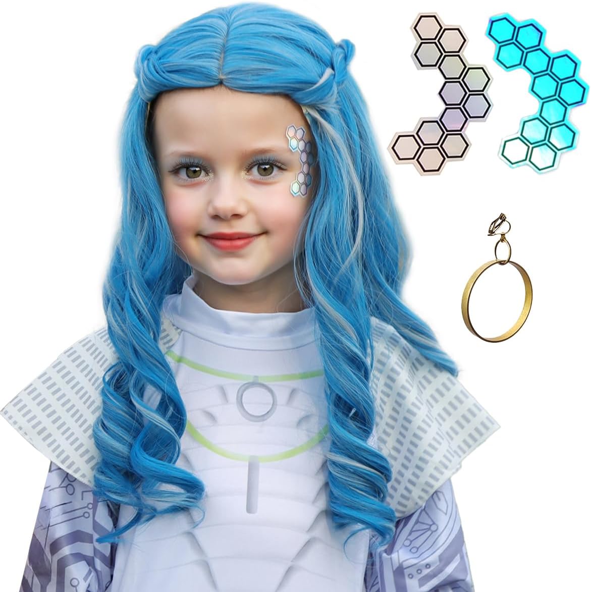 Disney ColorGround Zombies 3 Addison Alien Cosplay Wig front view featuring long bright blue wavy hair with silver highlights.
