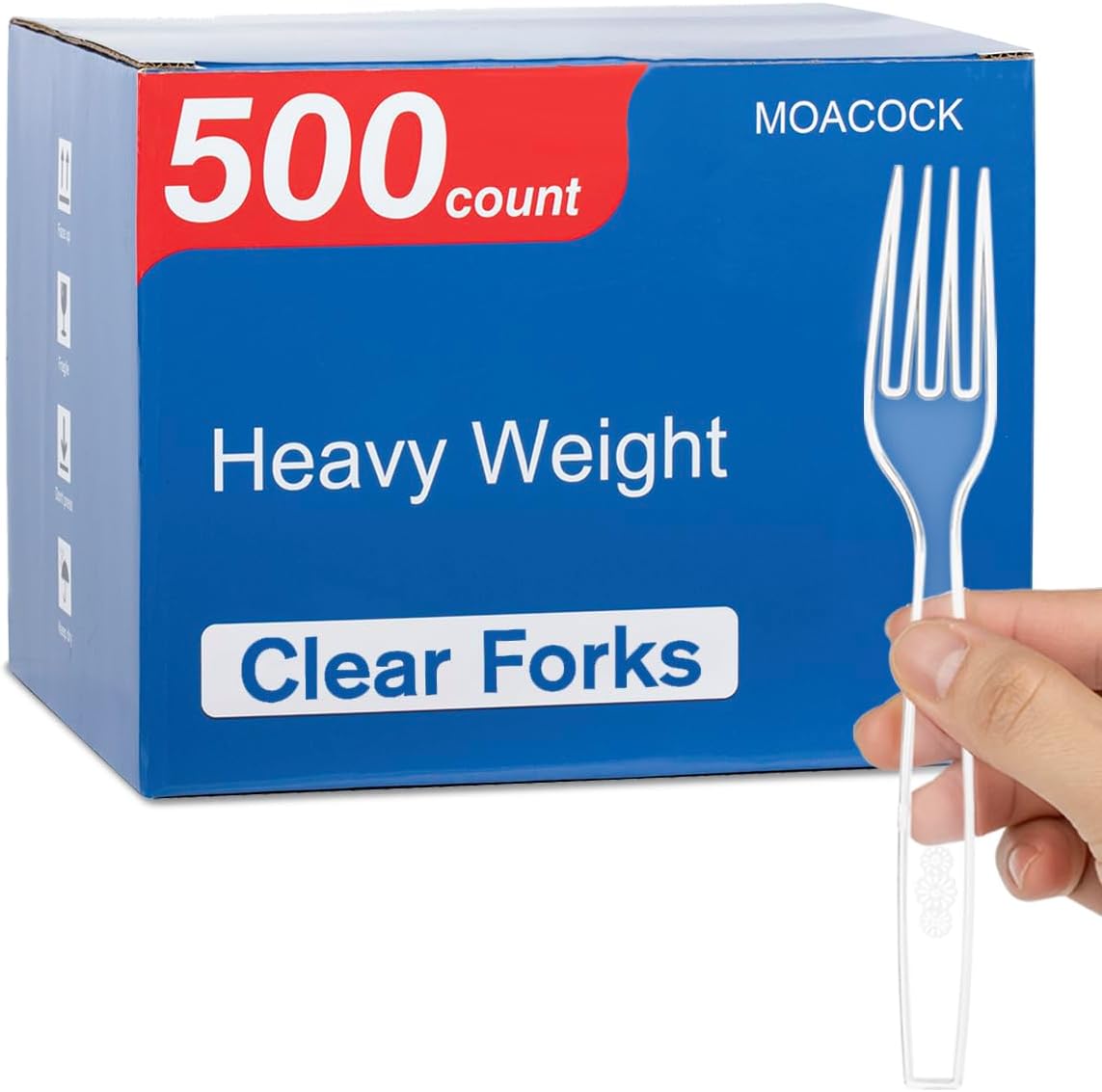 Moacock heavy weight clear disposable plastic forks bulk packaging front view.