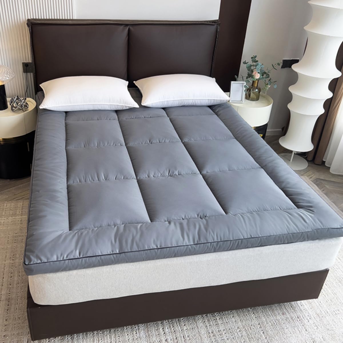 Soulzzz Grey Mattress Pad Cover front view showing quilted texture