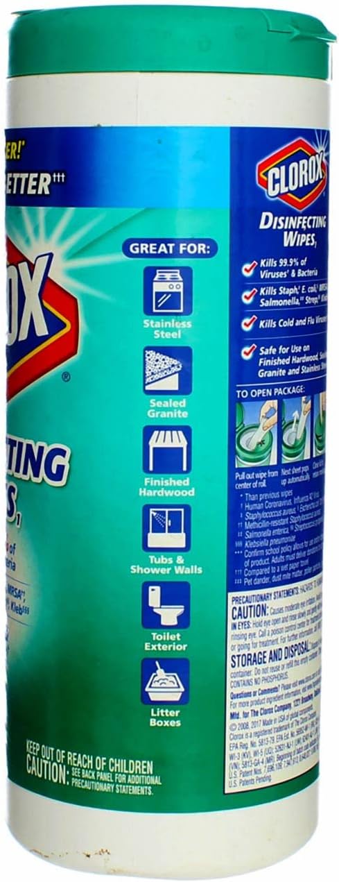 Clorox cleaning wipes container showing count and brand logo