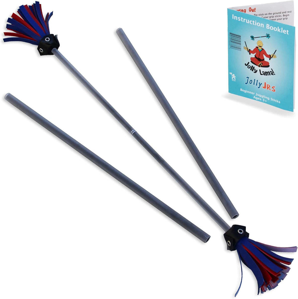 Jolly Lama Black Jolly JRS Beginner Juggling Flower Sticks front view showing the complete set with tassels