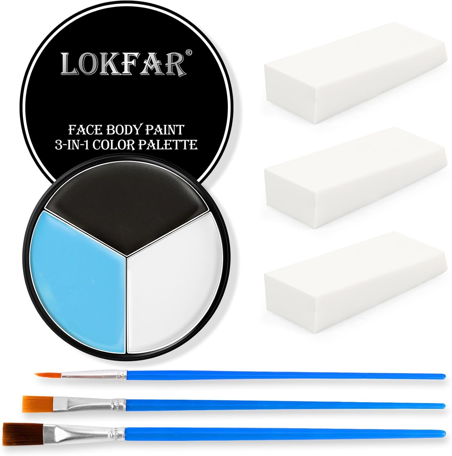 BEFIVECOK Black White Light Blue Face Paint Kit front view costume makeup palette