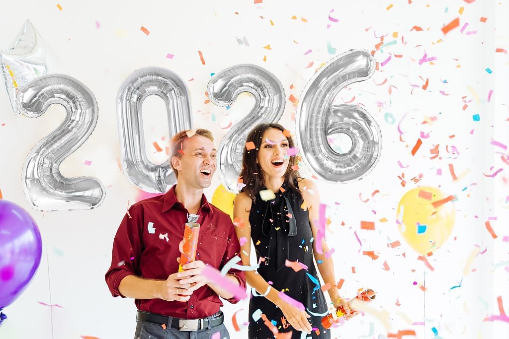 IWERP silver 40 inch 2026 party decorations displayed on a wall