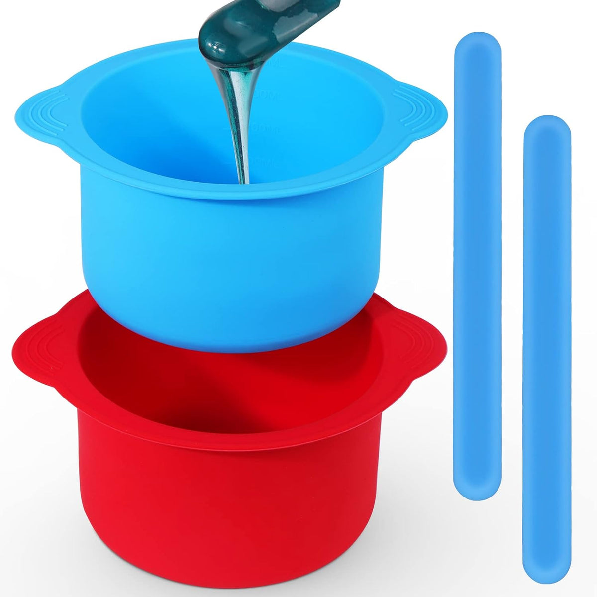 Mity Rain silicone wax warmer liner front view showing blue and red bowls with spatulas