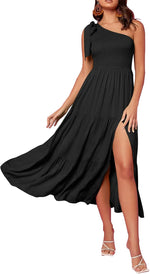 MEROKEETY Womens One Shoulder Smocked Summer Sleeveless Midi Dresses | Side Slit, Tiered, High Waist, Shoulder Tie, Flowy, A Line, Formal, Cocktail Party, Wedding Guest, Beach, Vacation Long Dress - Image 14