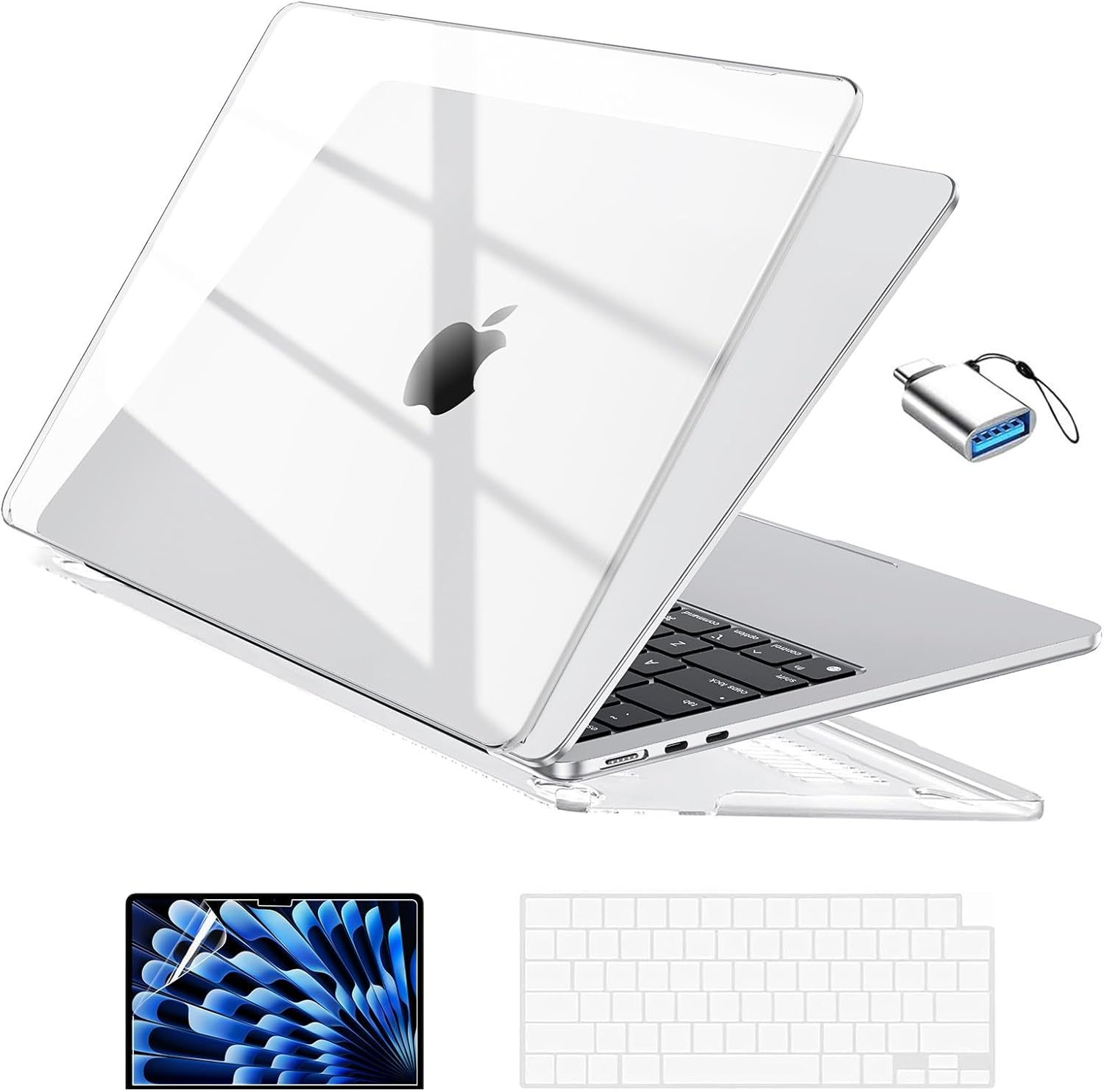 EooCoo transparent hard shell case front view showing crystal clear top cover on laptop