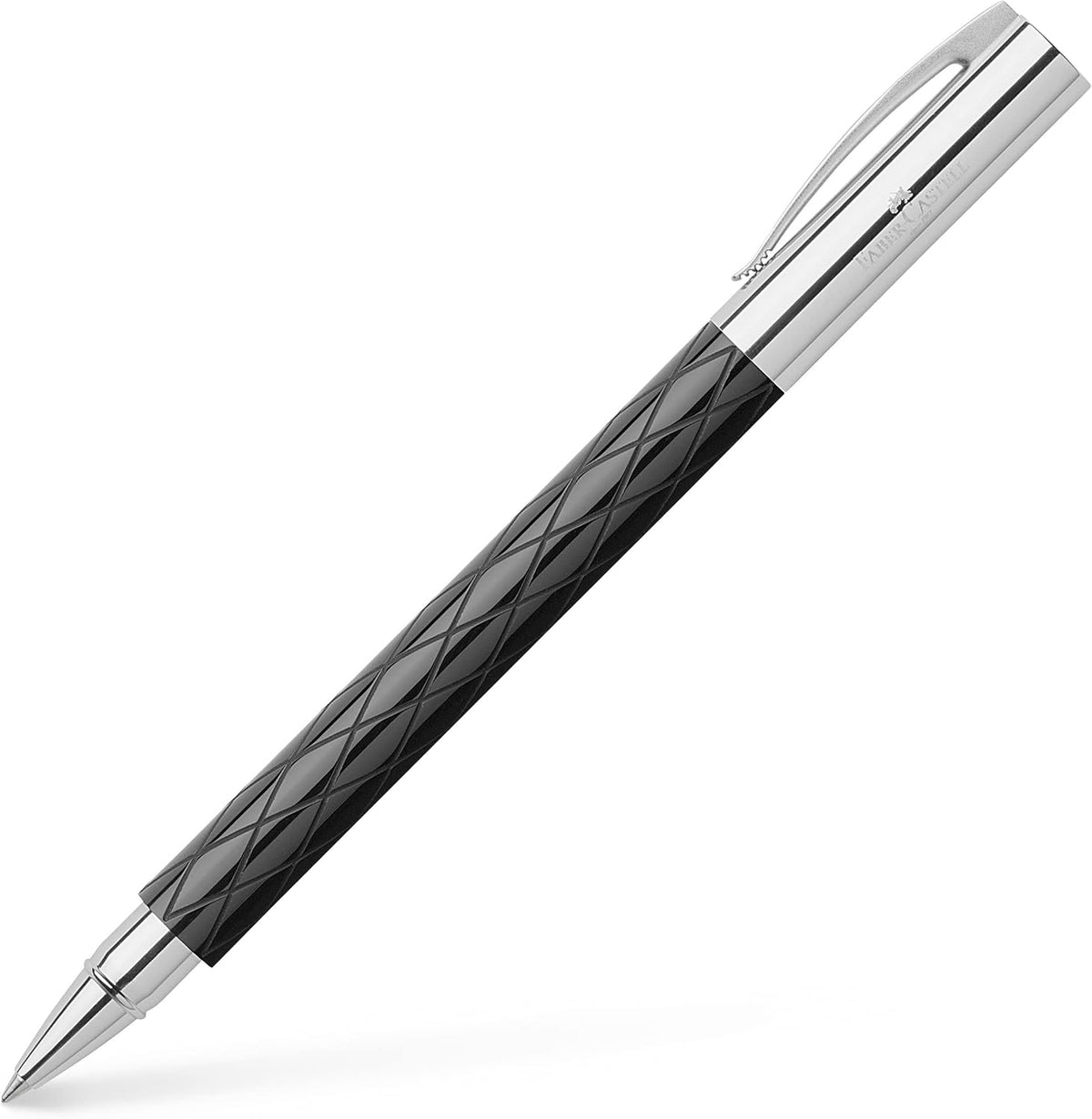 Faber-Castell Ambition Rhombus Black Rollerball Pen front view showcasing the diamond pattern barrel