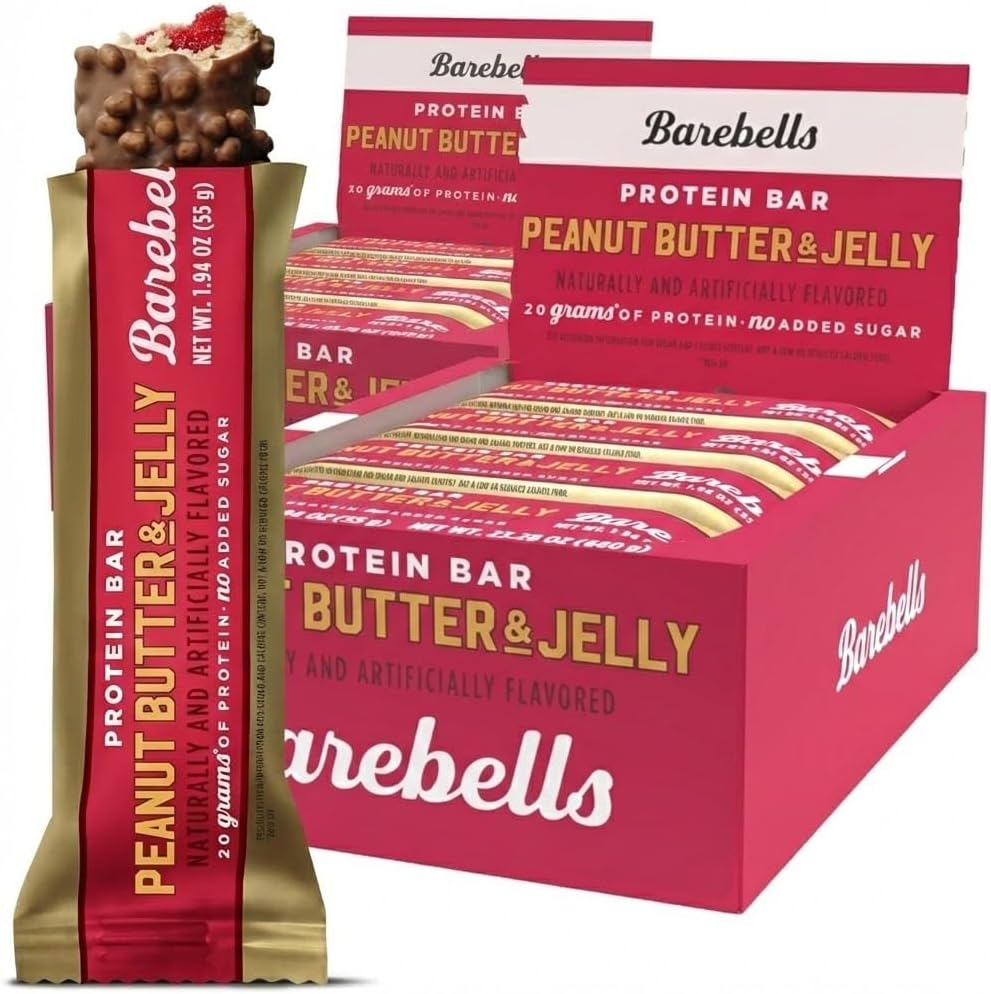 Barebells Peanut Butter and Jelly Protein Bar front view authentic fitness snack pack