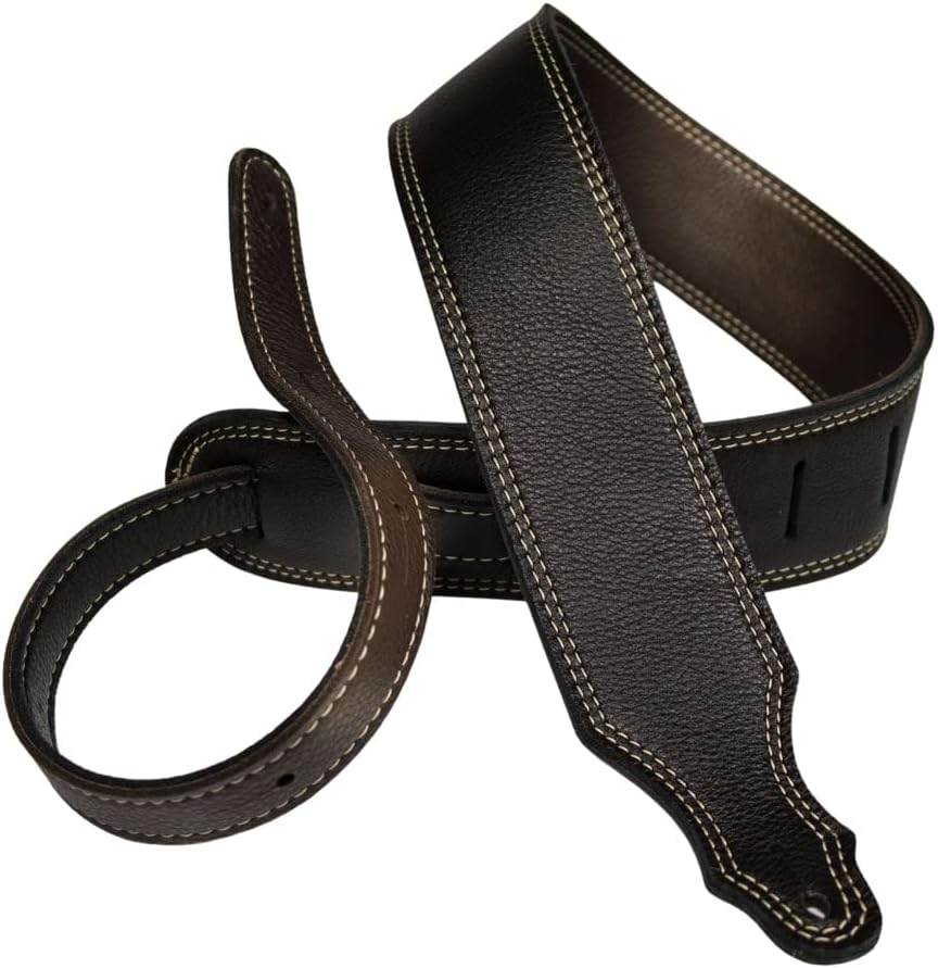 Franklin Strap Chocolate and Gold Reversible Leather Guitar Strap detail stitching view