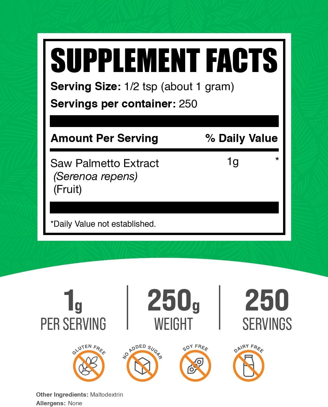 BulkSupplements Saw Palmetto Extract powder packaging label details
