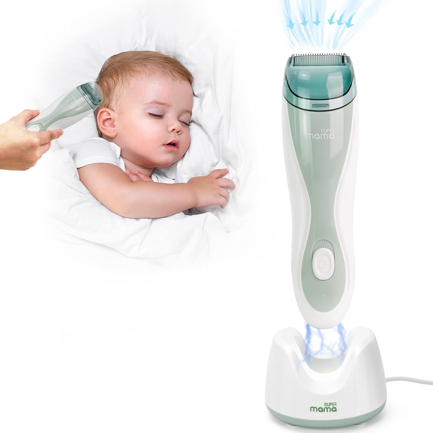 Supermama baby hair clipper front view with vacuum technology
