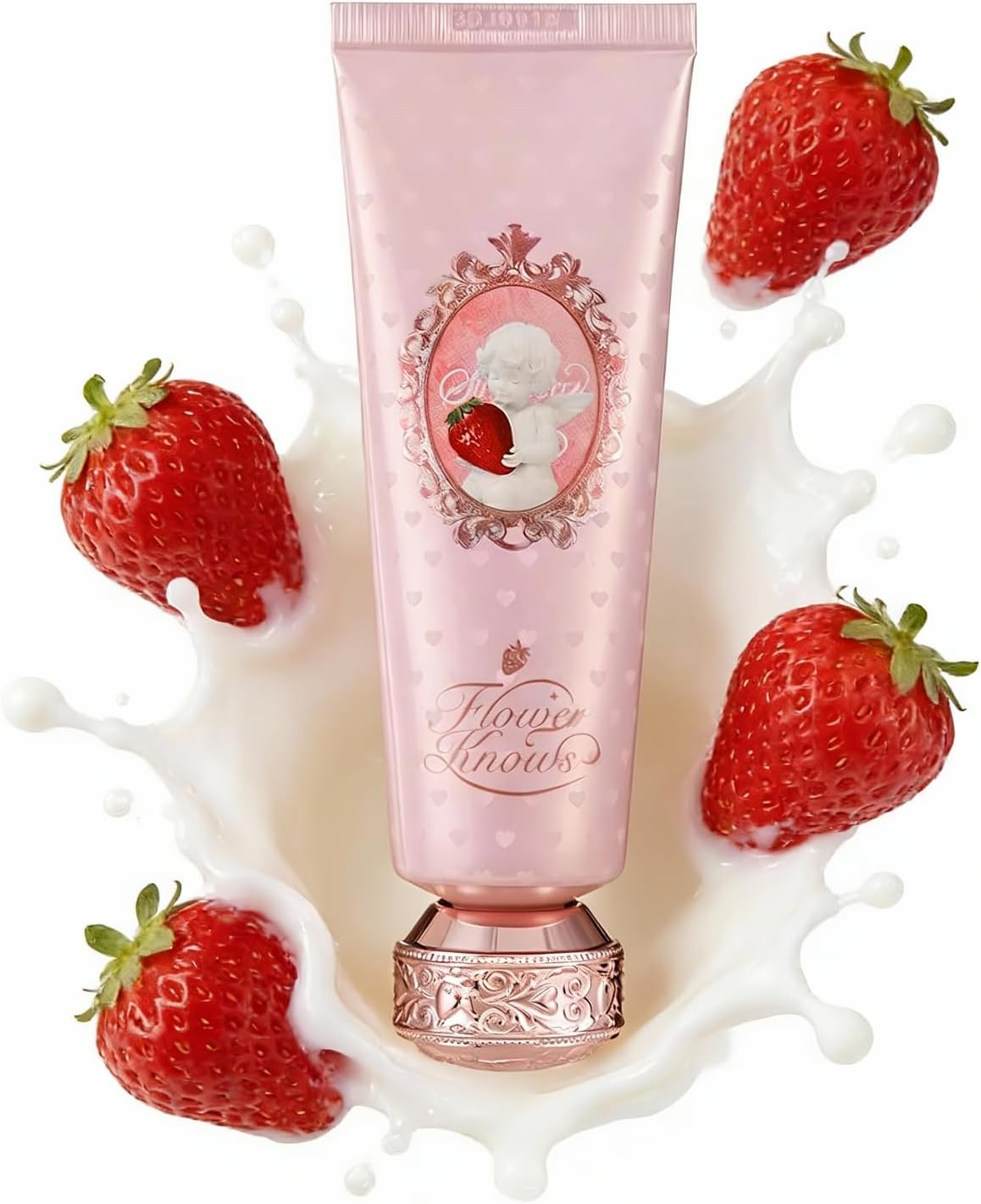 Flower Knows Strawberry Cupid Scented Hand Cream front view showing vintage packaging design.