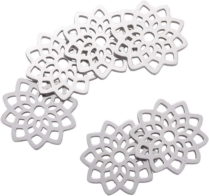 LiQunSweet carved flower charms front view of stainless steel metal pendants.