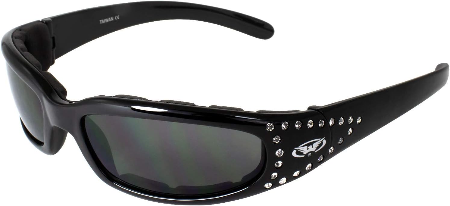 Global Vision Marilyn 3 women's motorcycle sunglasses front view showcasing the shiny black frame and dark smoke lenses