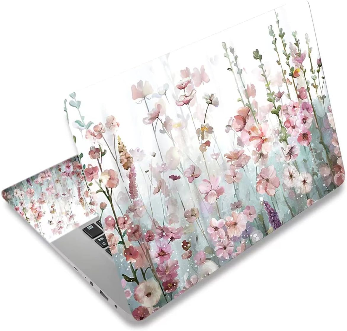 DINKY laptop skin sticker decal front view featuring a pink and white watercolor floral pattern on a notebook lid