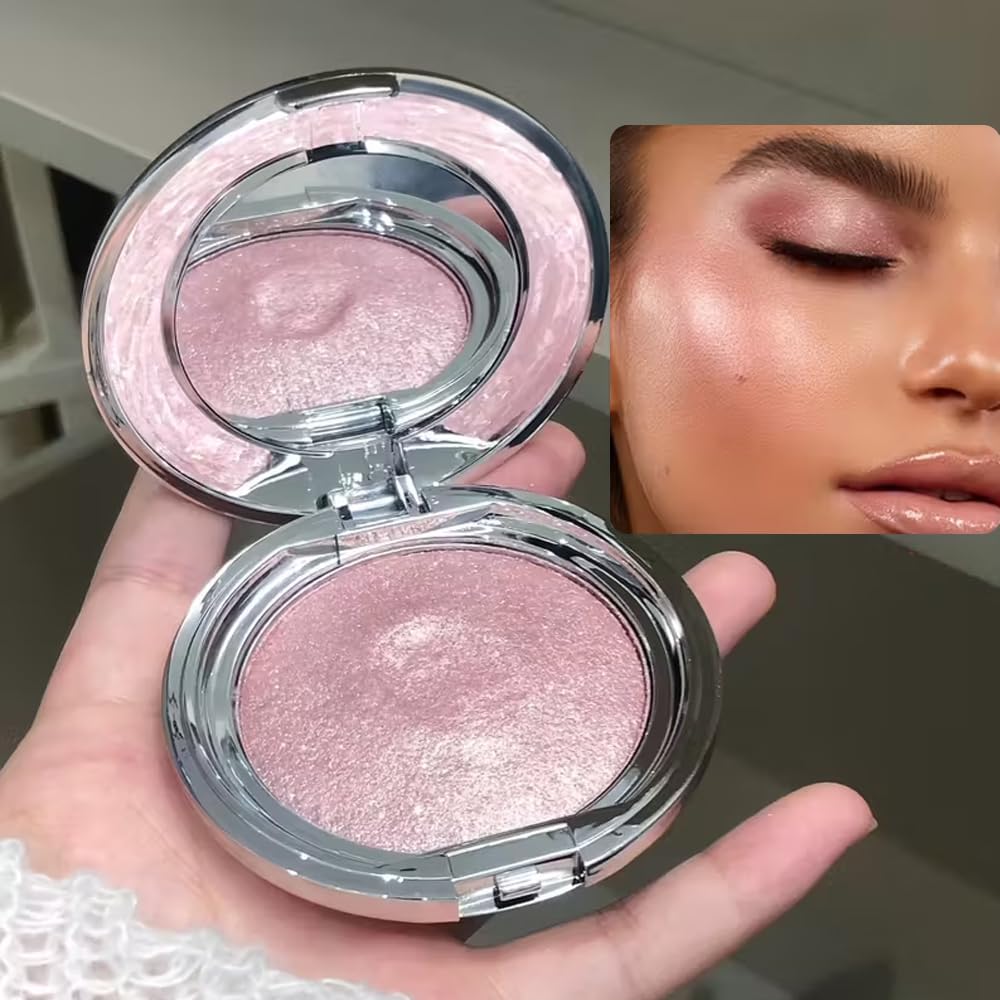 Focallure Pink Glow Highlighter front view showing sleek mirrored compact packaging.