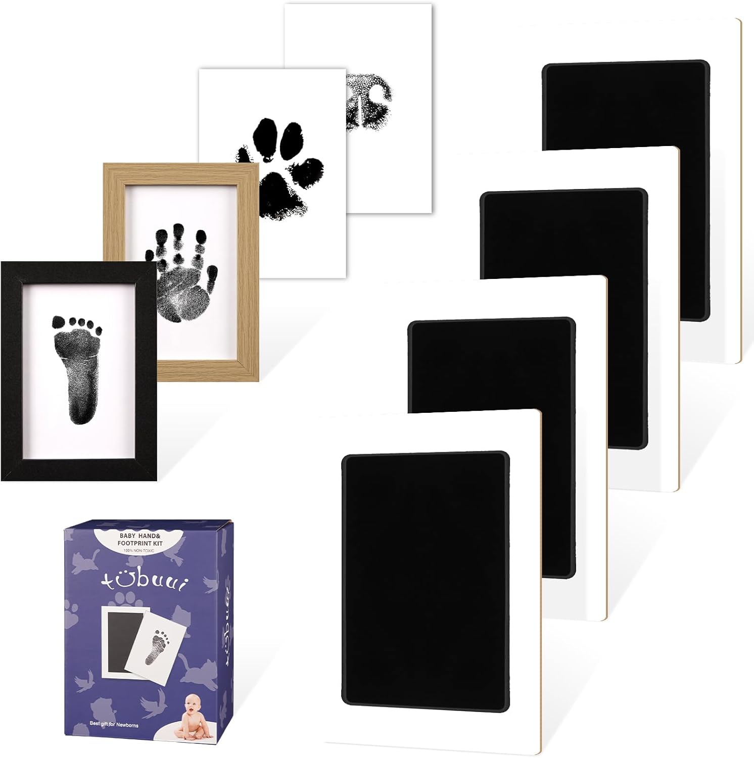 KeaBabies baby footprint kit featuring front view of the complete nursery keepsake set with wooden frames.