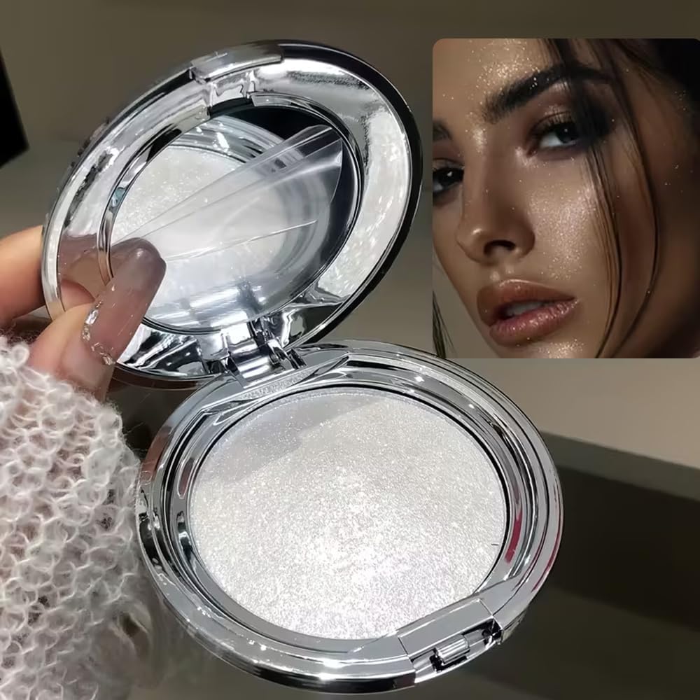 Dhgate White Moonlight Highlighter front view of silver compact showing the icy metallic shimmer powder texture