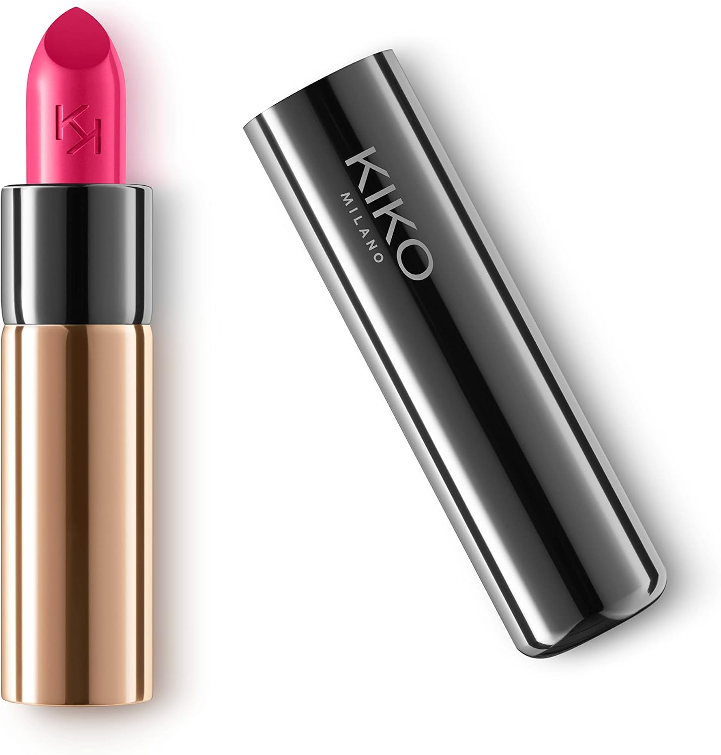 Kiko Milano Gossamer Emotion Creamy Lipstick front view showing metallic gunmetal packaging.