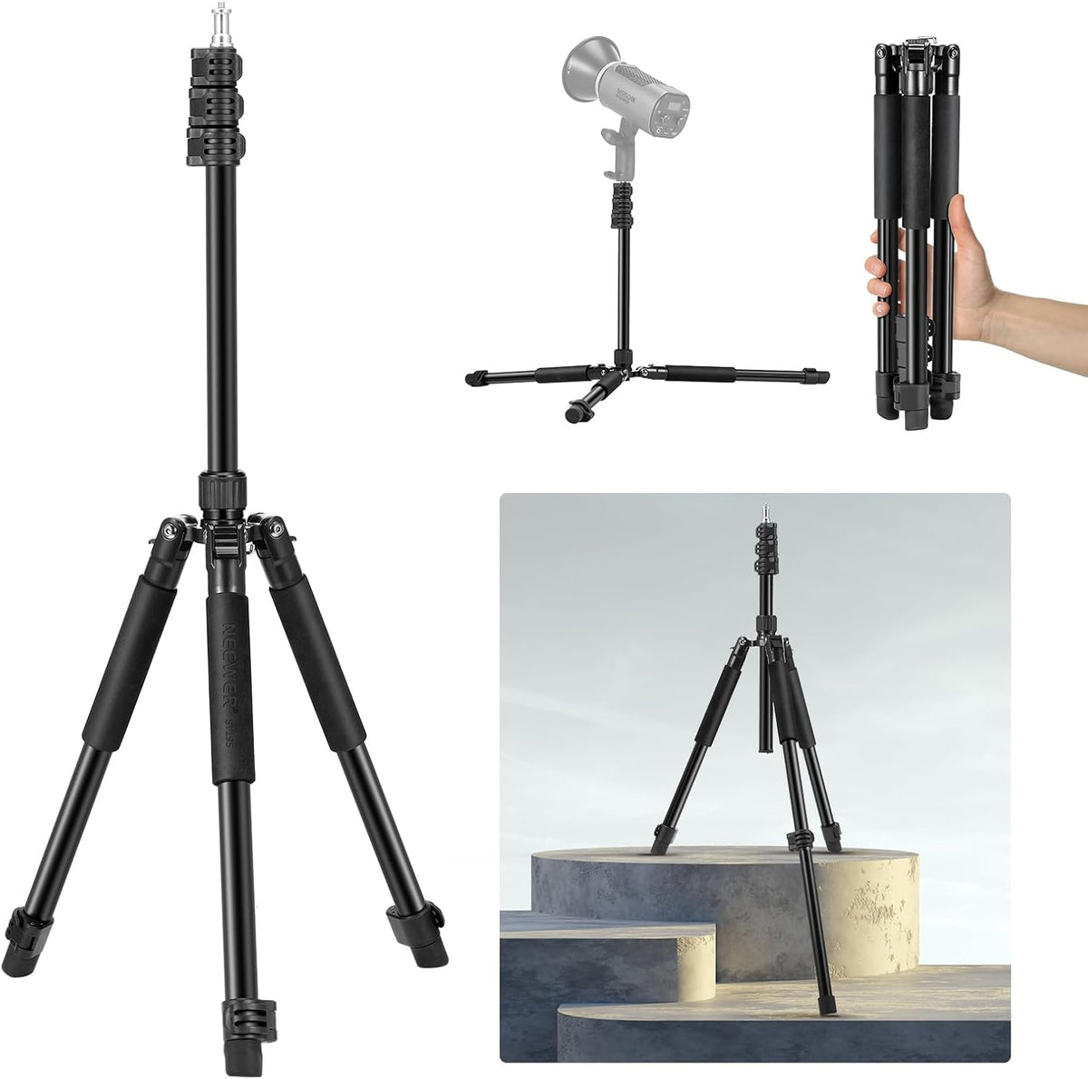 Neewer photography light stand front view showing extended aluminum tripod structure