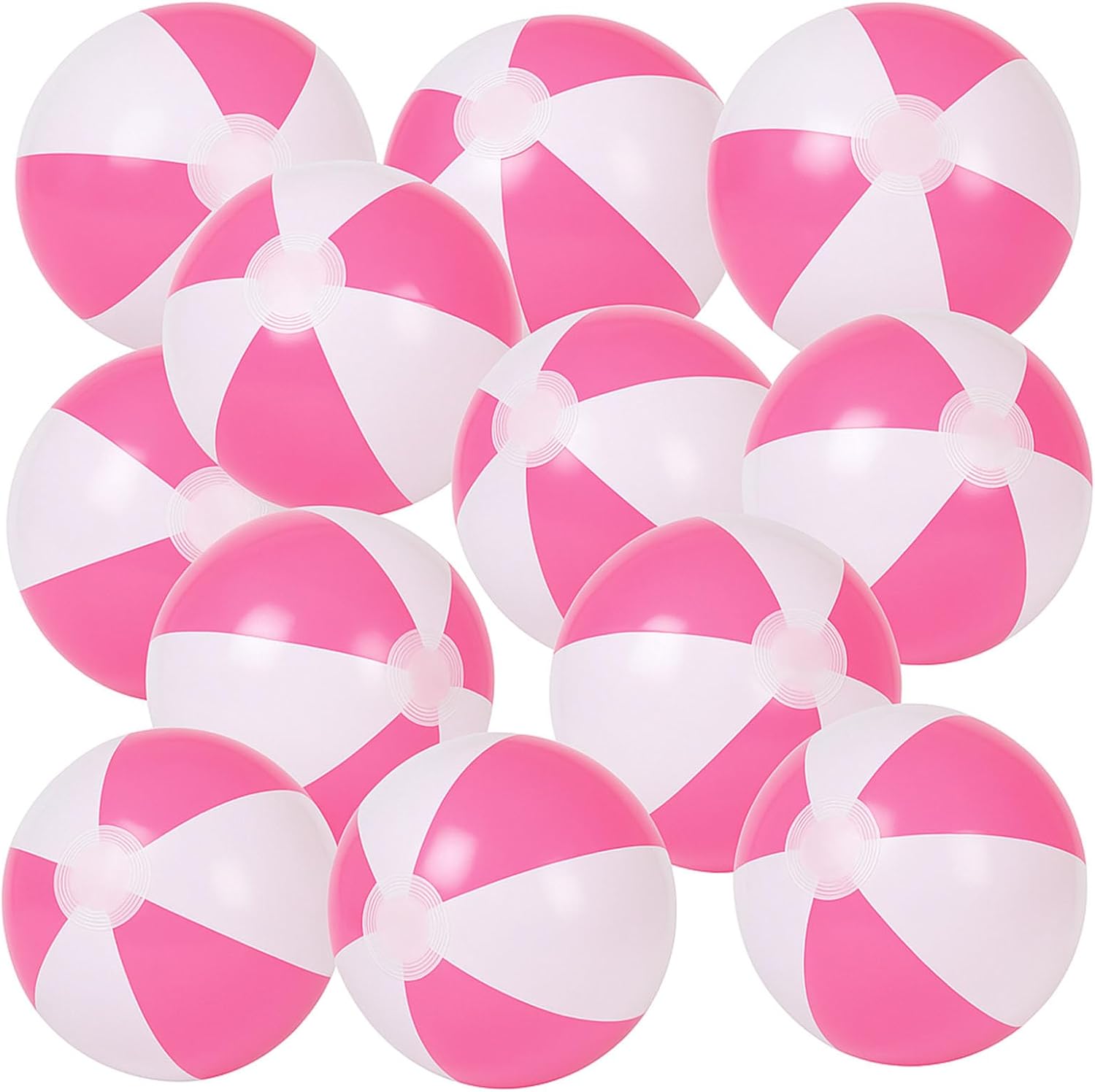 FuturePlusX pink and white inflatable beach balls twelve count set front view displaying glossy finish.