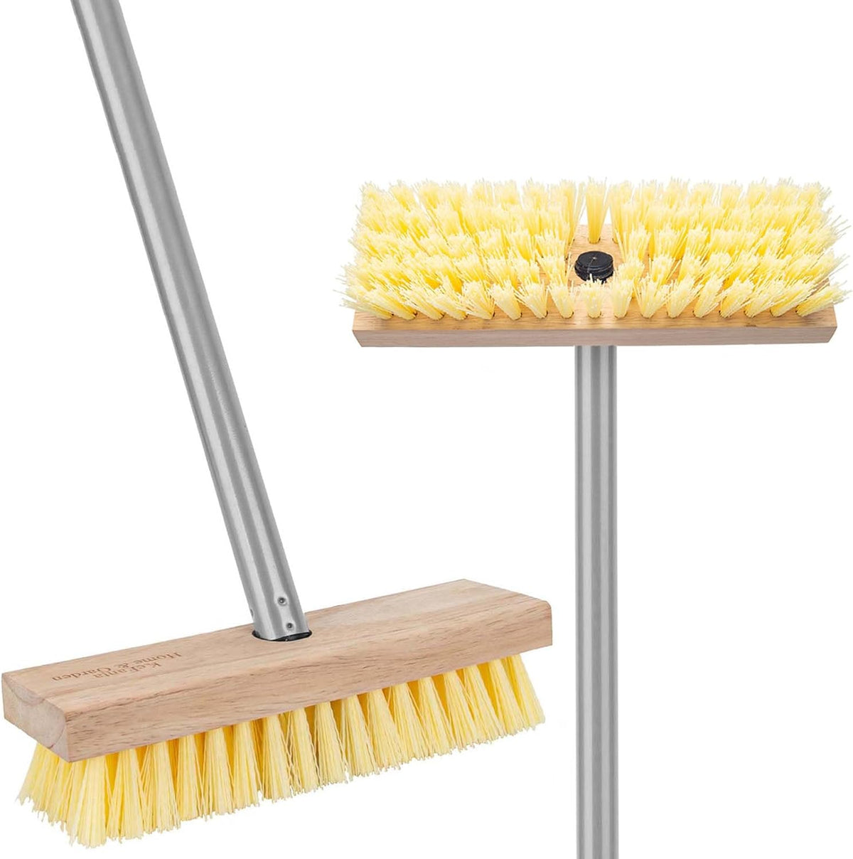 KeFanta floor scrubber brush front view showing yellow stiff bristles and long steel handle.