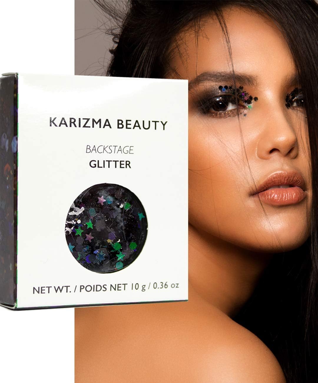 Open jar of KARIZMA 24K gold cosmetic glitter showing loose powder