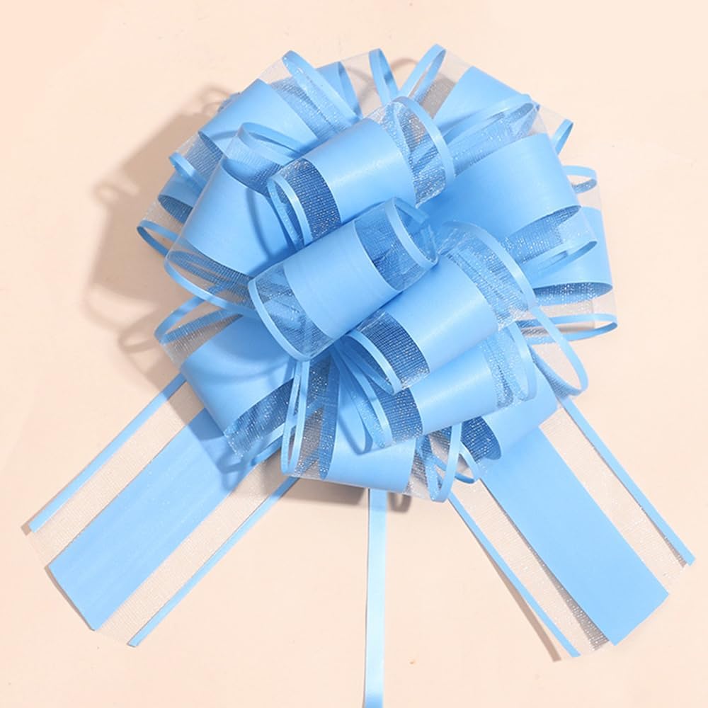 HSXJJ large sky blue pull bows six piece pack front view showcasing flat packaging and fully assembled six inch decorative ribbon layout
