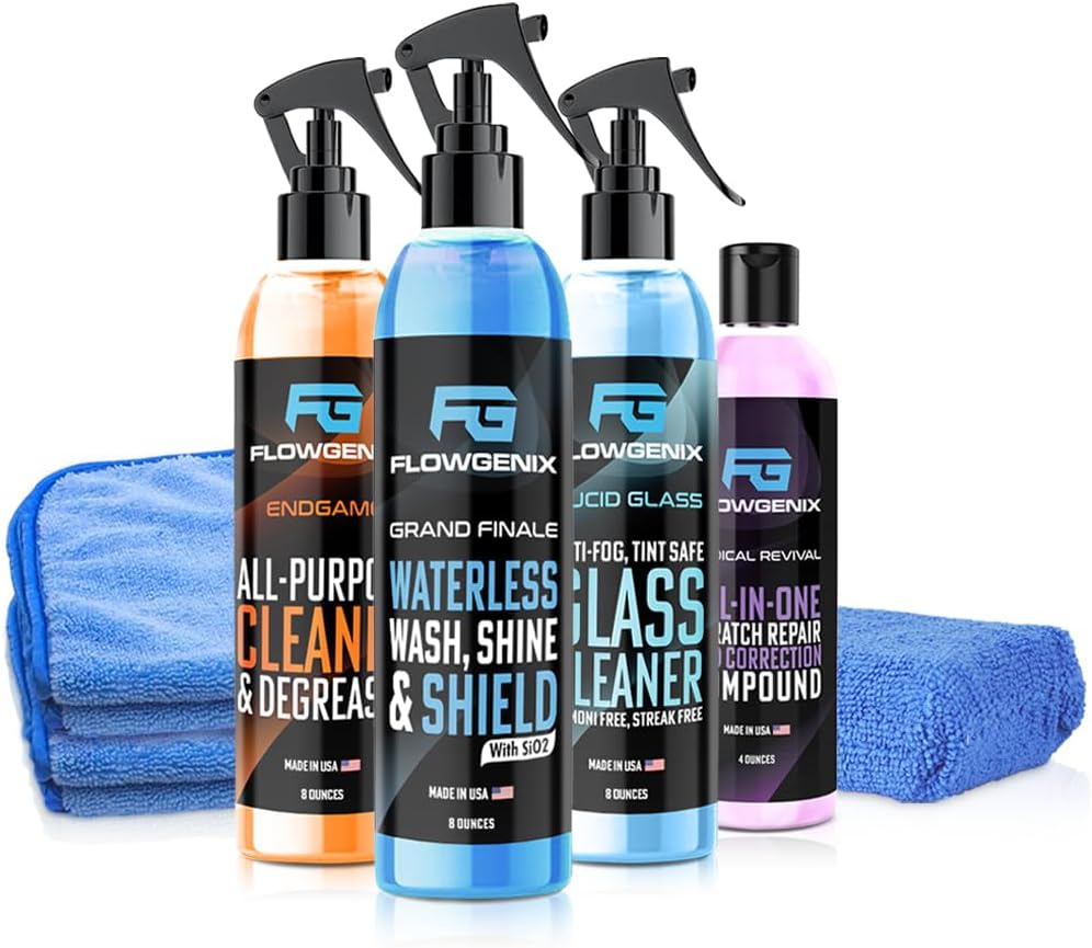 Flowgenix Grand Slam 4 Pack premium car detailing kit front view featuring four bottles and two premium microfiber towels.