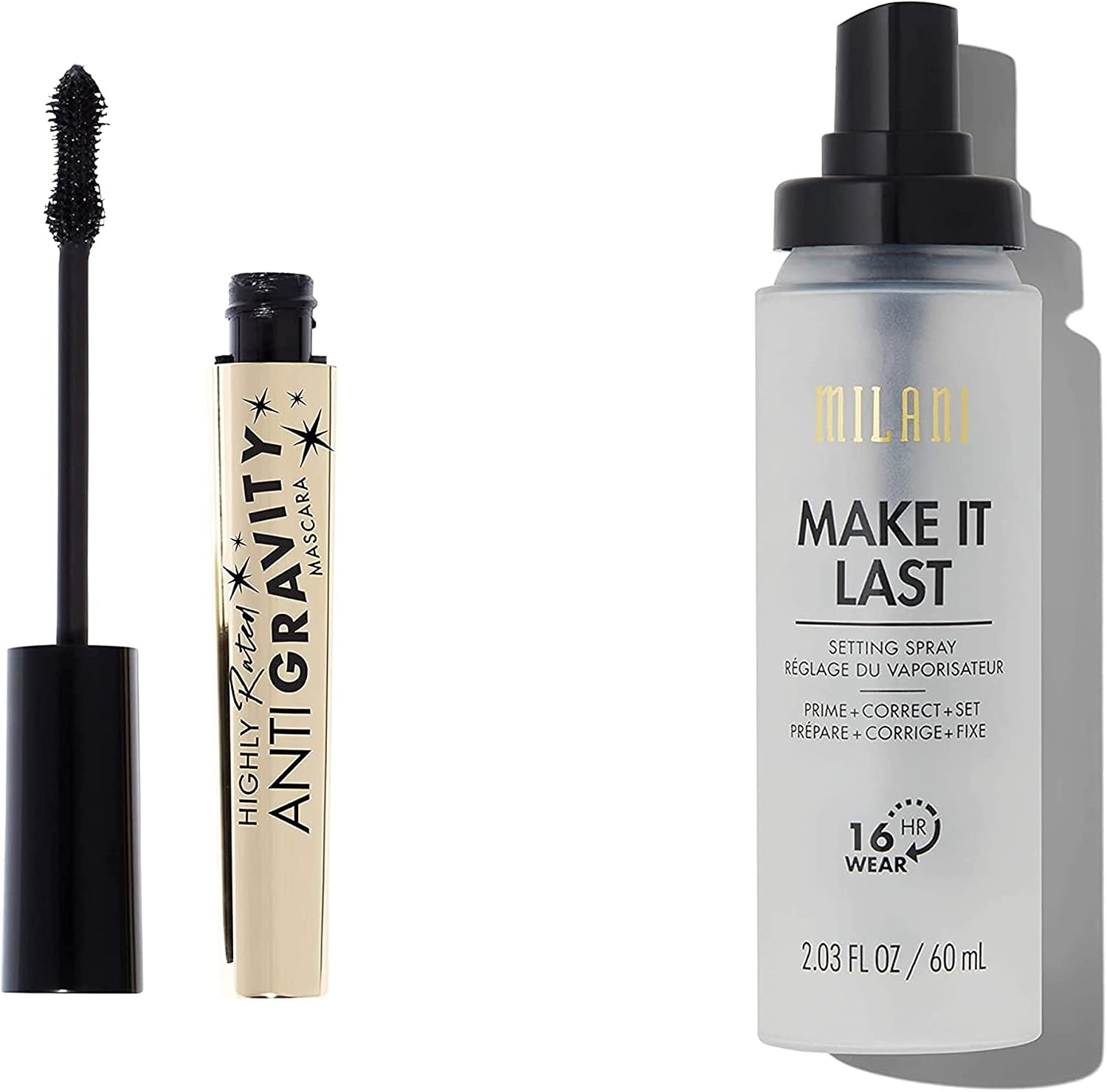 Milani Make It Last Setting Spray and Anti-Gravity Mascara front view bundle set.