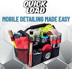 Close up view of the ten exterior pockets and heavy duty mesh slots on the Chemical Guys portable detailing bag.