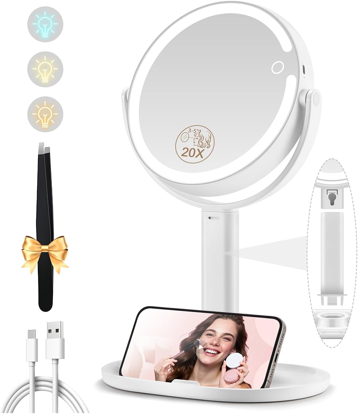 Makeup Mirror with Lights, Double Sided 1x/20x Magnifying Mirror with Light, Rechargeable 3 Color Lights and Adjustable Brightness, 360° Rotation Detachable Comes with Tweezer(White) - Image 1