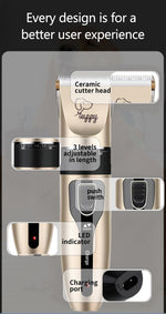OASIS cordless cat hair trimmer showing micro adjustment knob settings