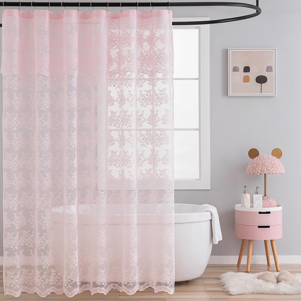 TUDECO Pink Lace Shower Curtain front view hanging in a brightly lit vintage bathroom setup