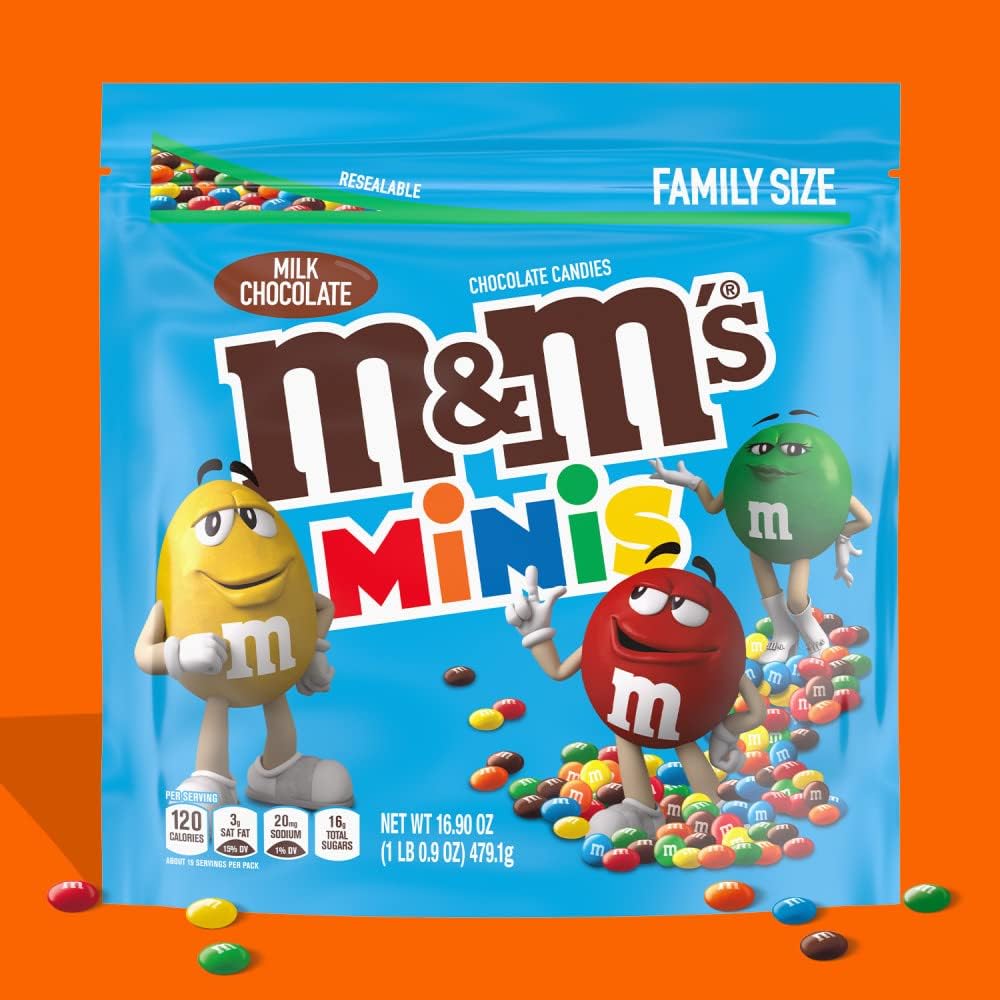 Miniature colorful milk chocolate candies spilled beside the packaging