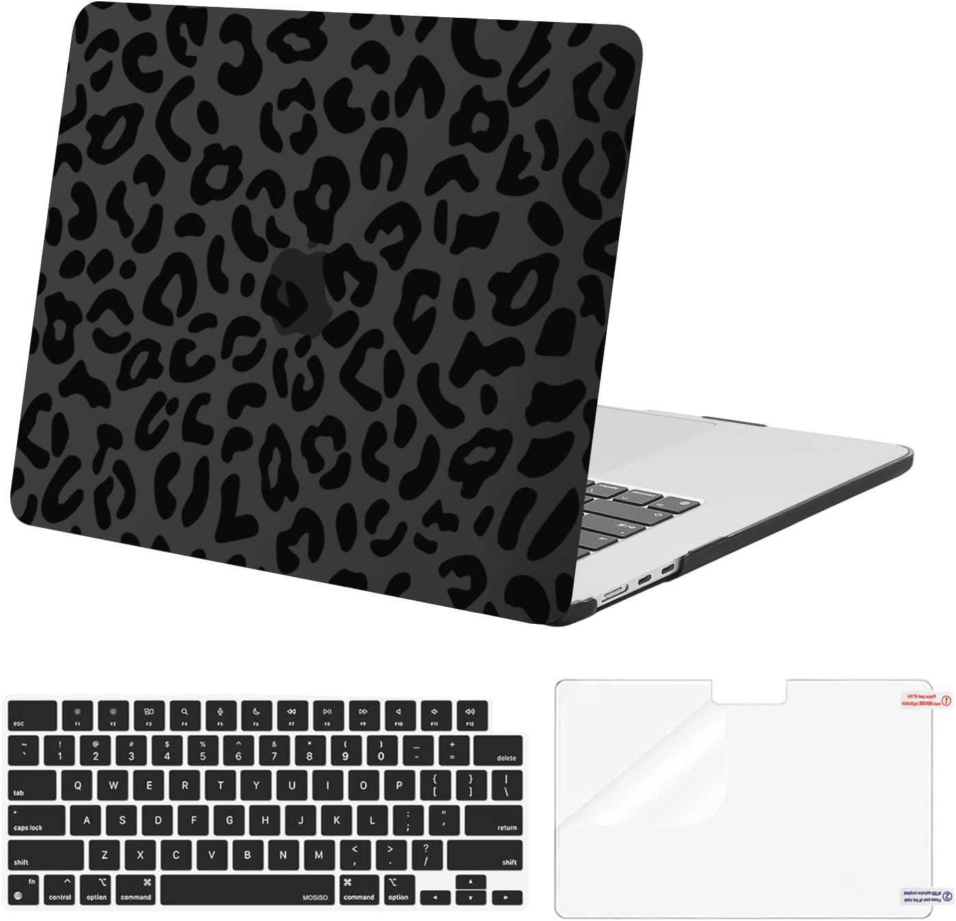 MOSISO MacBook Air 15 inch case front view featuring matte black leopard print pattern protection
