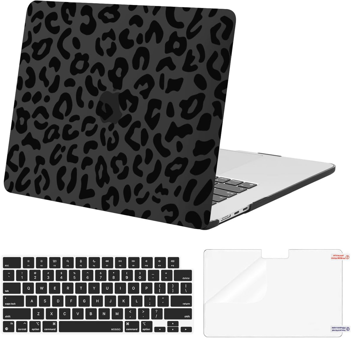MOSISO MacBook Air 15 inch case front view featuring matte black leopard print pattern protection