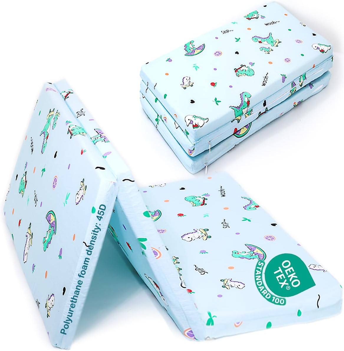 Vucws pack and play mattress front view with dinosaur pattern