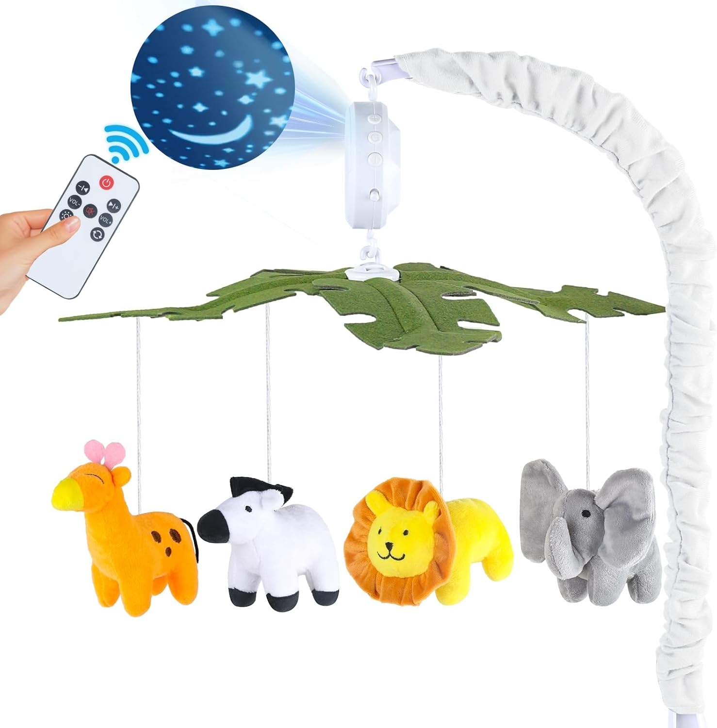 Joryuek baby crib mobile green front view attached to nursery cot