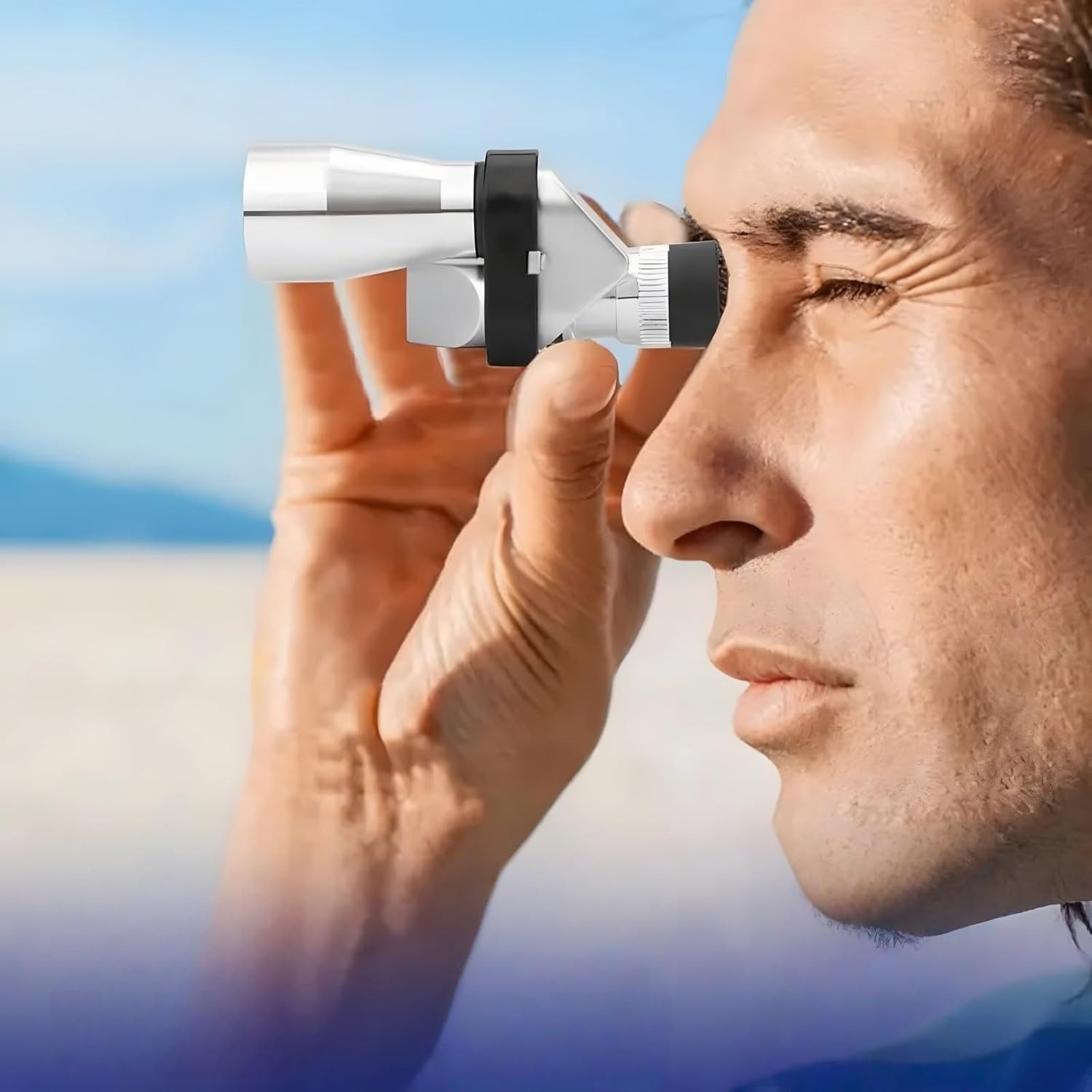 Rongon Monocular Compact Mini Telescope front view showing silver metal body and black eyepiece