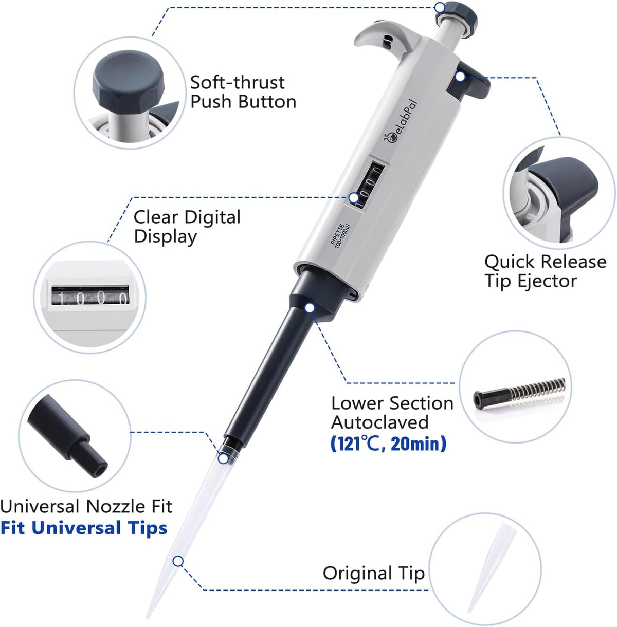 eLabPal single channel micropipette digital volume display window