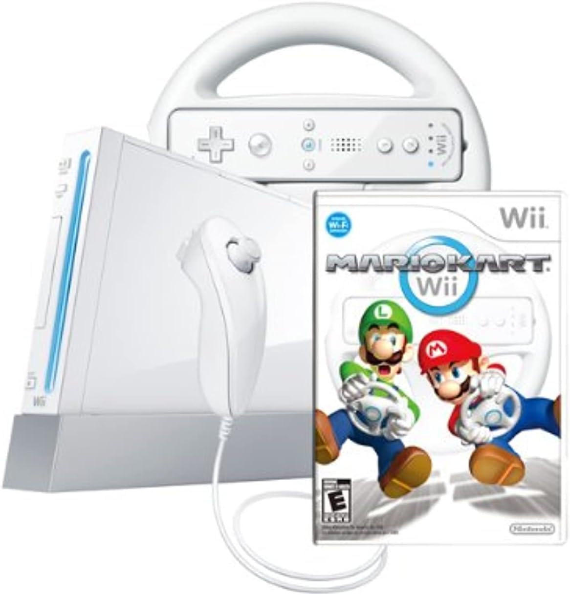 Nintendo Wii console with Mario Kart bundle front view white gaming system with steering wheel