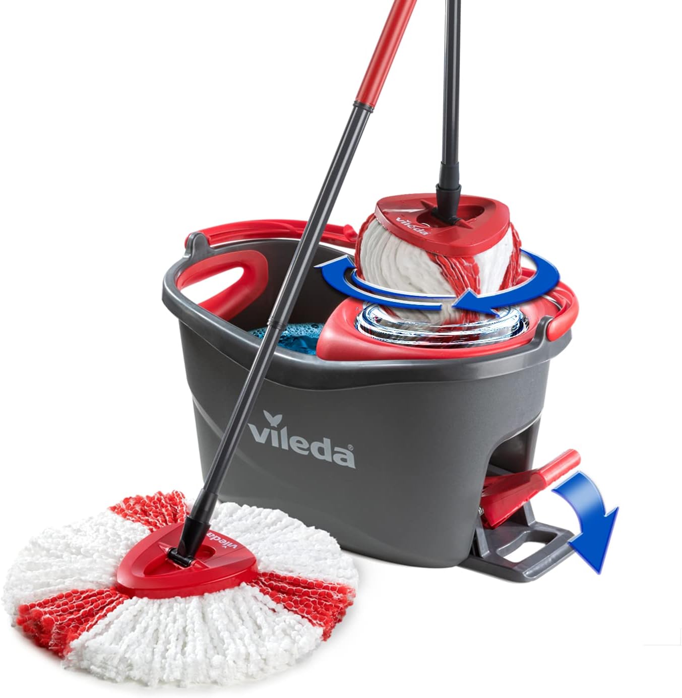 Vileda Easy Wring and Clean Turbo Microfibre Mop and Bucket Set front view showing the grey bucket and foot pedal spin wringer