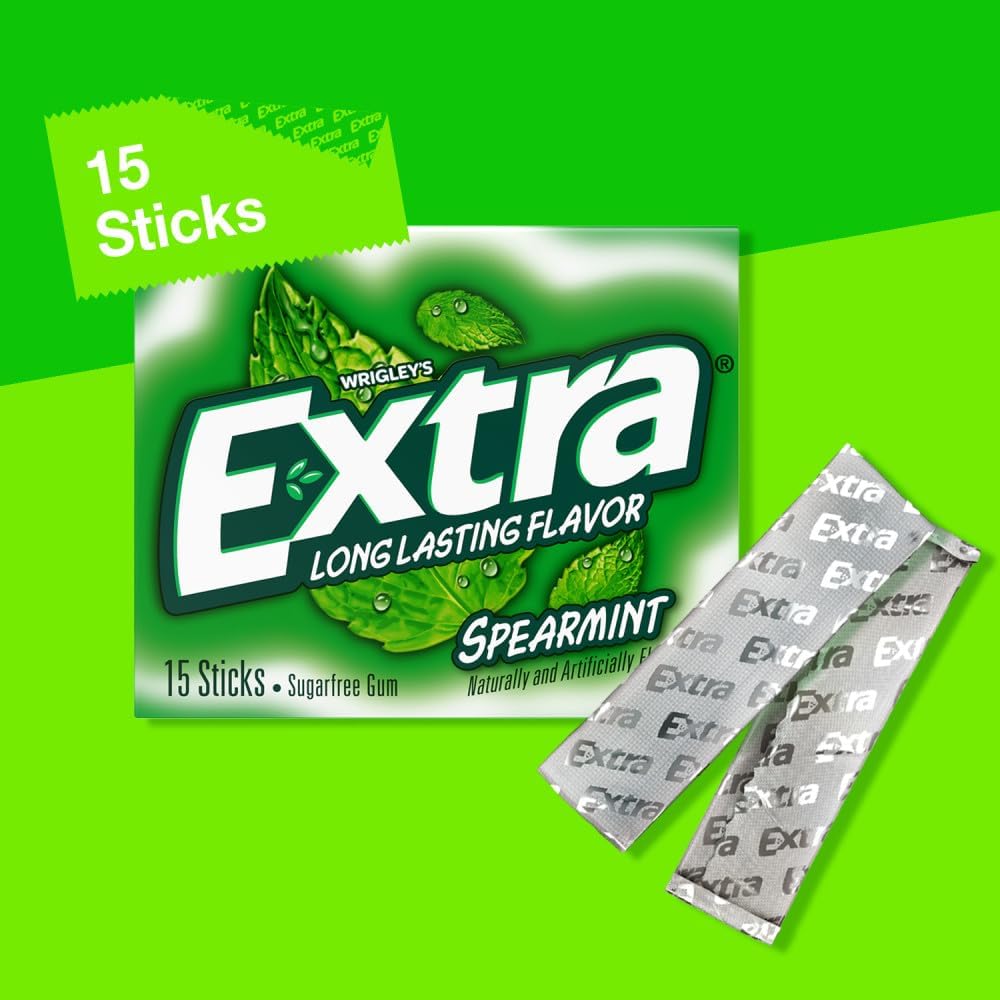 Premium sugarfree green mint chewing gum sticks by Wrigley's Extra ideal for school work and daily travel convenience.
