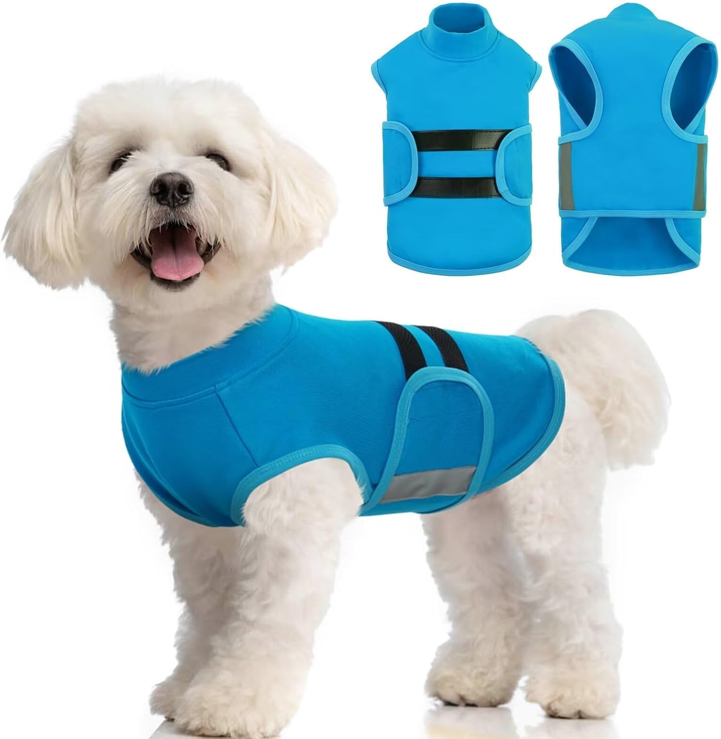 Migohi dog anxiety relief coat front view in blue for small dogs